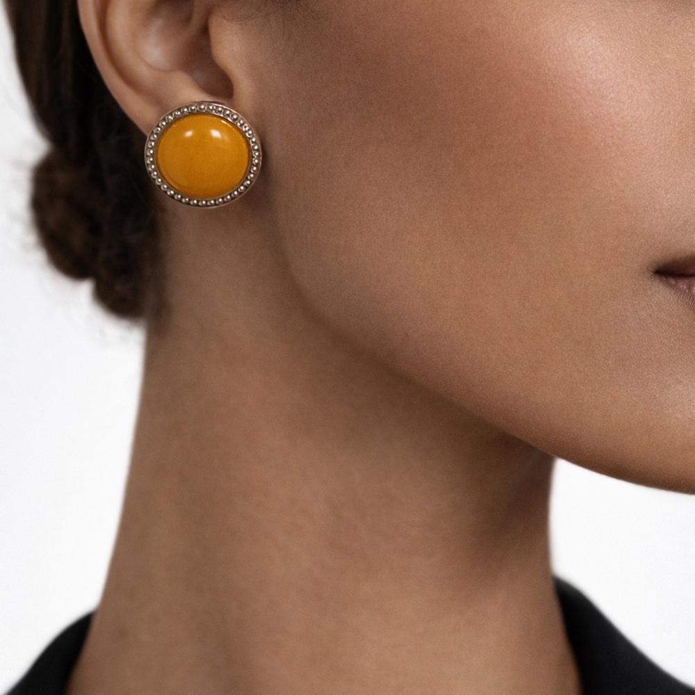 Mustard Yellow Cabochon Stud Earrings | Rhinestone Trim | Silver Tone